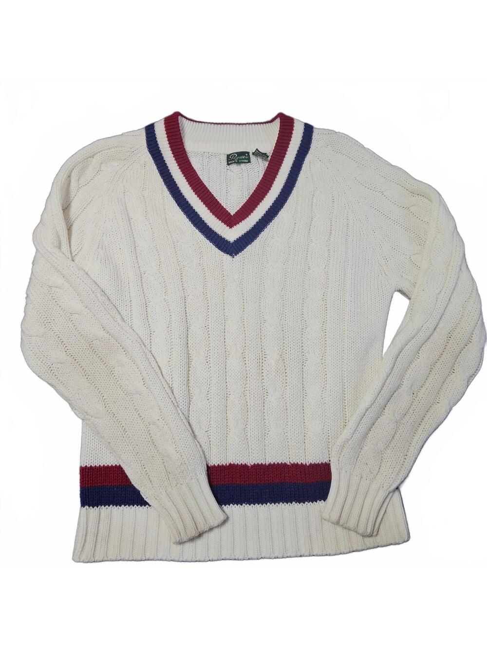 Vintage Pogue's Menstore Small 1970s Cable Knit Sweater Red White Blue Preppy